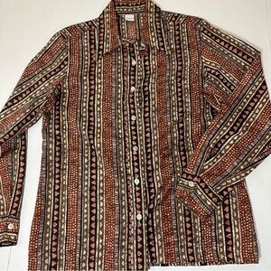 Vtg 70s Wrangler Button Up Shirt Brown Geometric Print